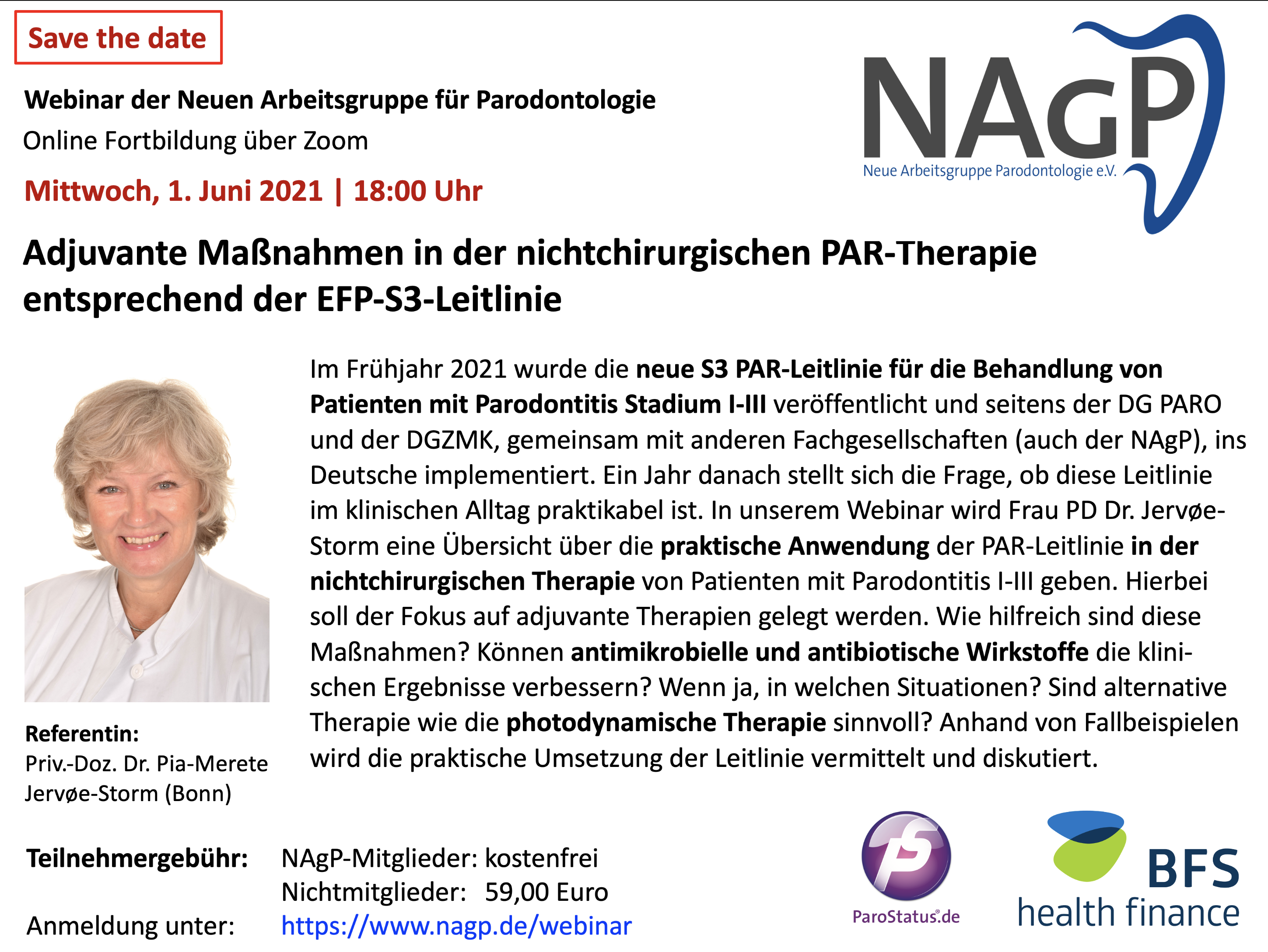 Ankündigung für das NAgP-Webinar am 1. Juni 2022 zum Thema „Adjuvante Maßnahmen in der nichtchirurgischen PAR-Therapie entsprechend der EFP-S3-Leitlinie“